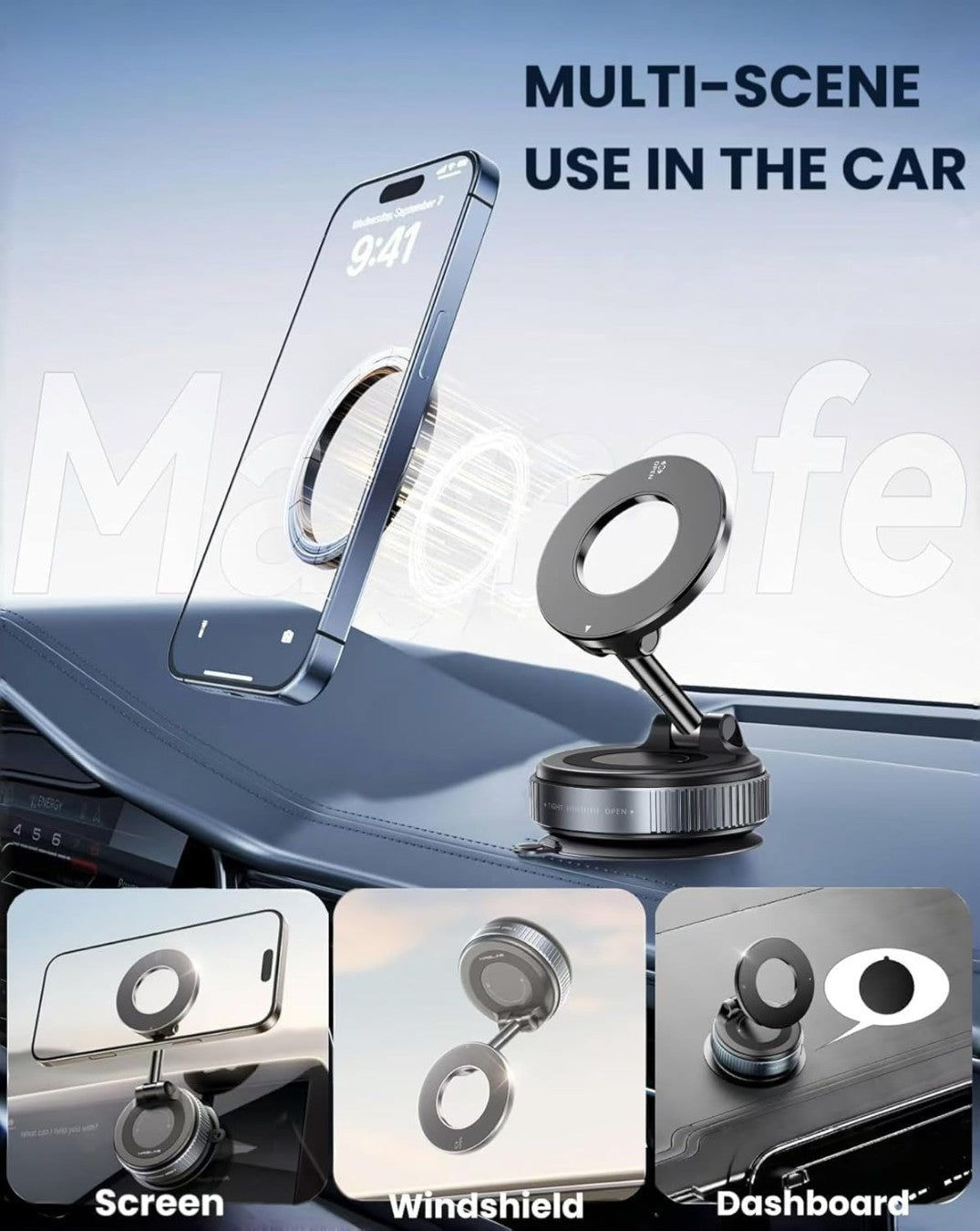 Vacuum Magnetic Suction Phone Mount CAR MOBILE STAND, 360°Adjustable Hands-Free Shower Phone Holder, Stand Magnetic Cell Mobile Holder for Car,Gym,Mirror Compatible with iPhone & All Android Phones (K007 MagSafe)